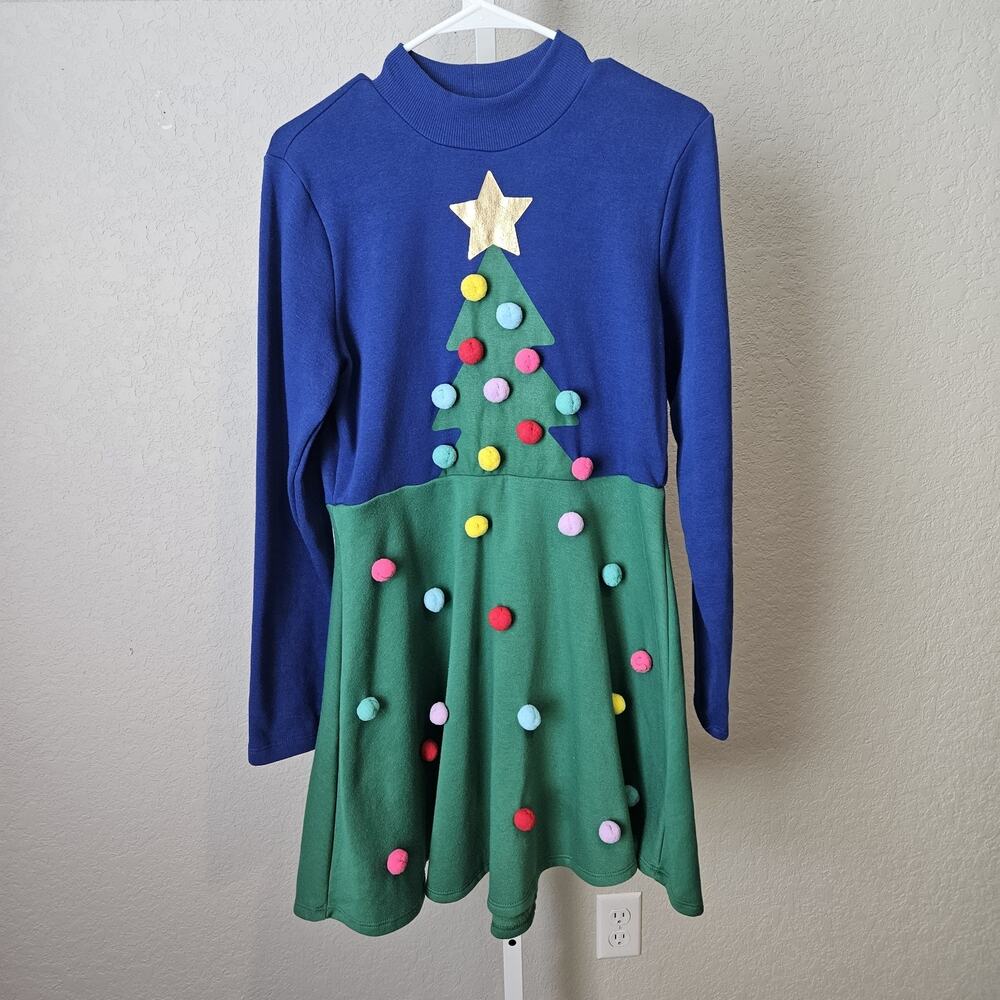 Mighty Fine Christmas Tree Dress Women's Medium Blue Green Pom Pom Holiday Ugly